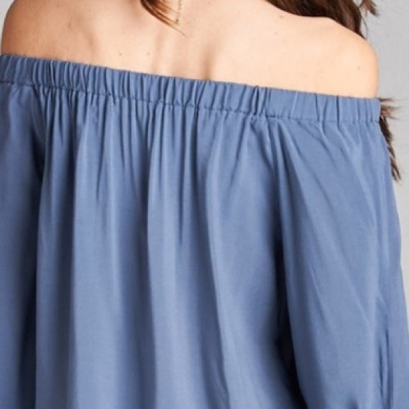 LAST ONE! BLUE CHAMBRAY SATIN OFF THE SHOULDER TOP - Picture 3 of 3