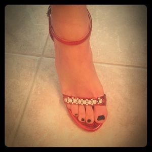 Red Helens Heart ankle strap sandal heels