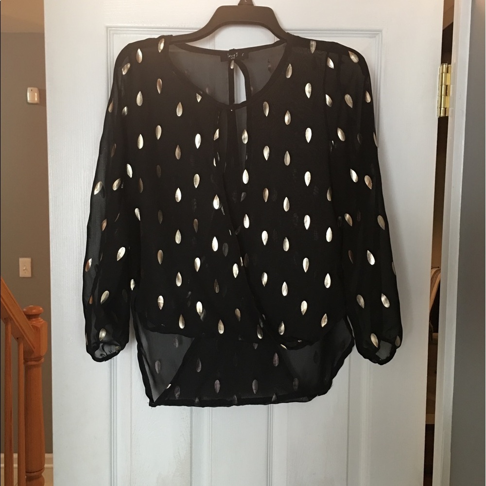 LOVE J SHEER BLACK W/GOLD POLKA DOT ACCENTS BLOUSE