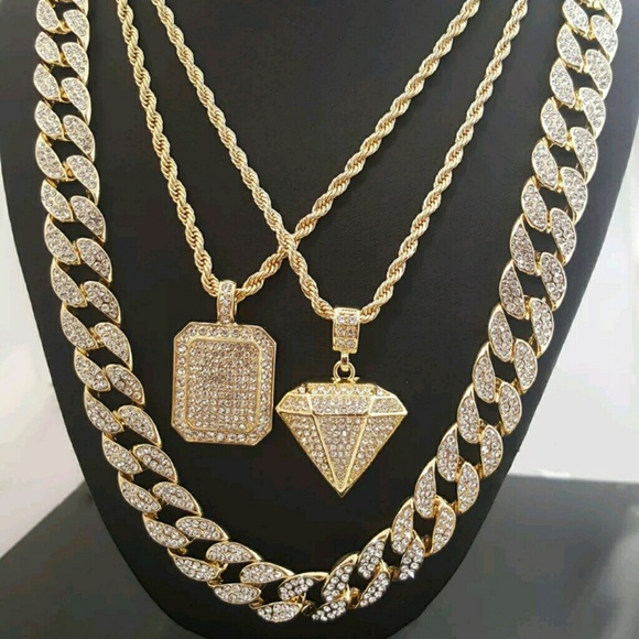 14K GOLD plated ICED OUT CHAINS COMBO - Picture 1 of 2