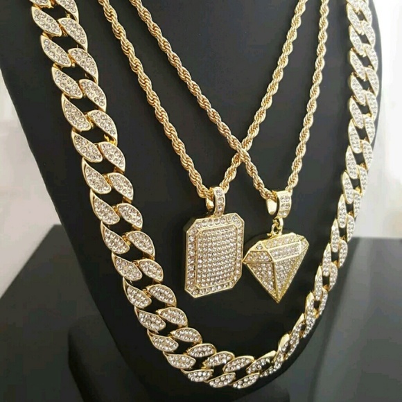 14K GOLD plated ICED OUT CHAINS COMBO - Picture 2 of 2