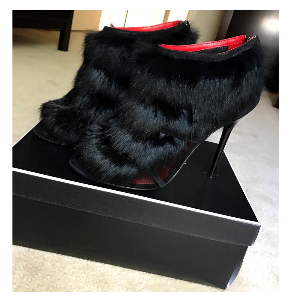 Charles Jourdan Black Rabbit Fur & Leather Boots