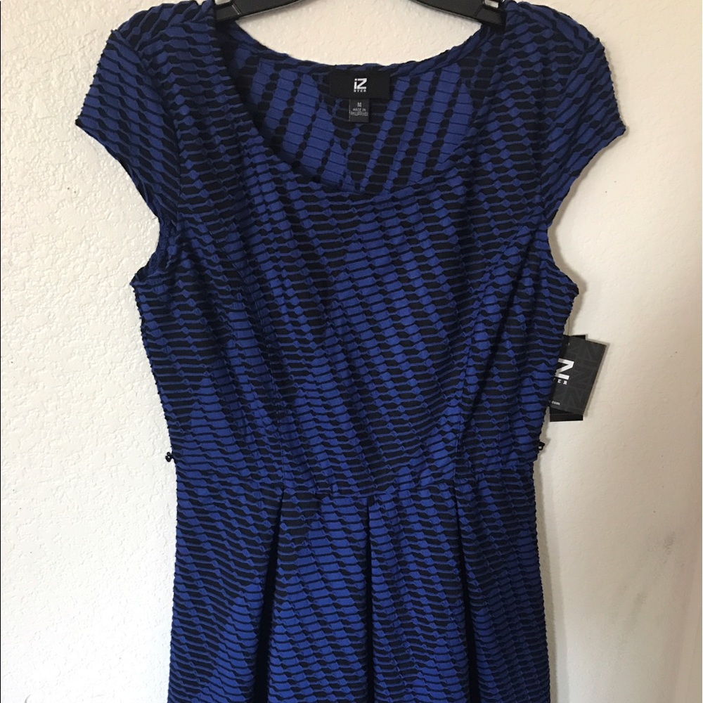 Iz Byer Blue and black pleated dress.