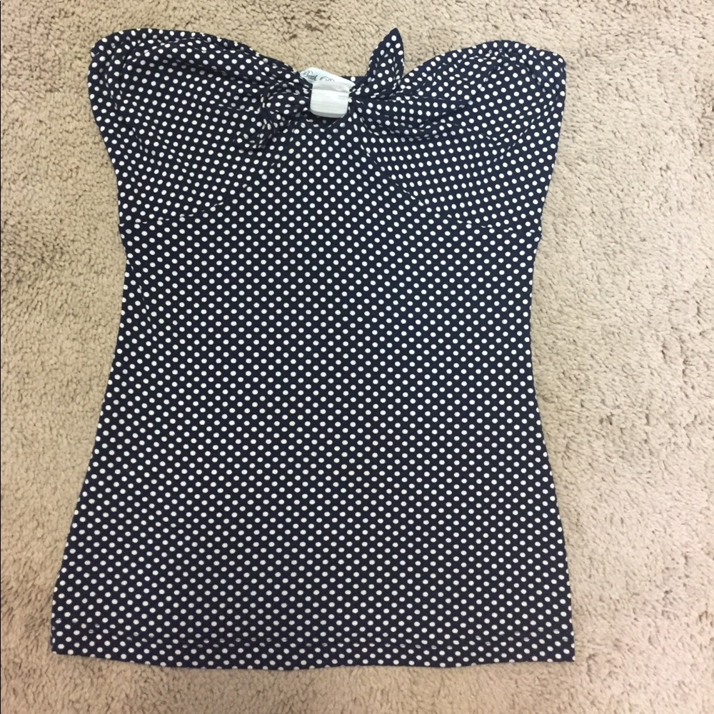 Beth Bowley navy white polka dot strapless top