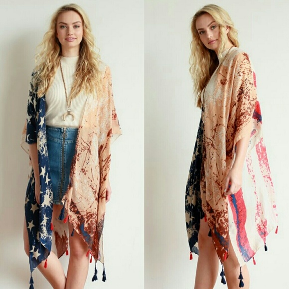 Vintage Look American flag kimono wrap Tassels - Picture 2 of 7
