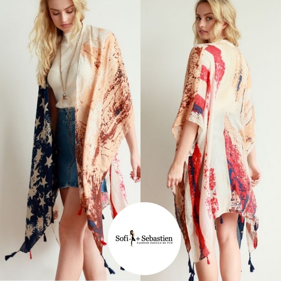 Vintage Look American flag kimono wrap Tassels - Picture 5 of 7