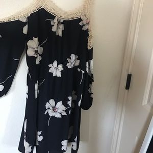 Blue and floral with lace off the shoulder dress.