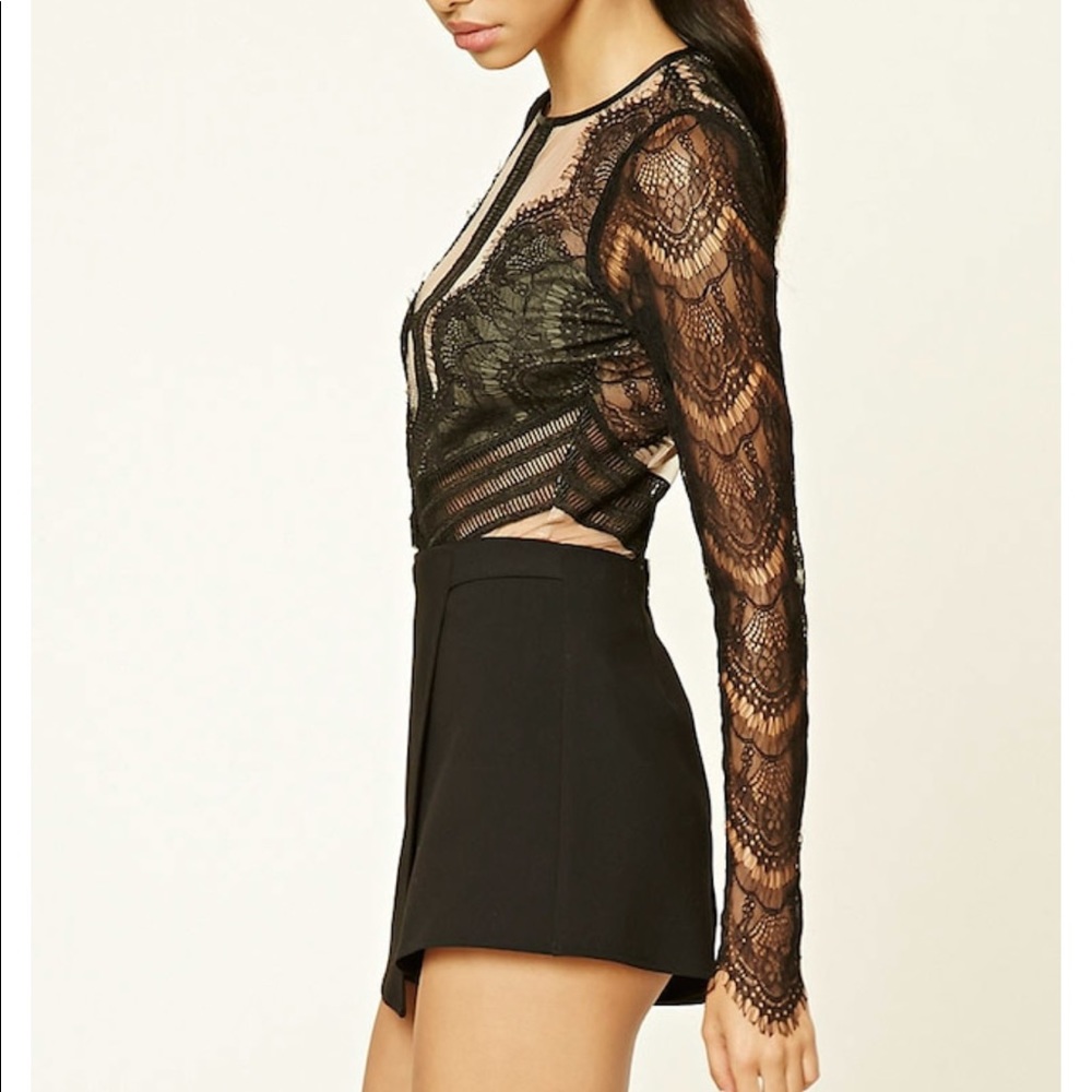 Black Lace Long Sleeved Sheer Bodysuit
