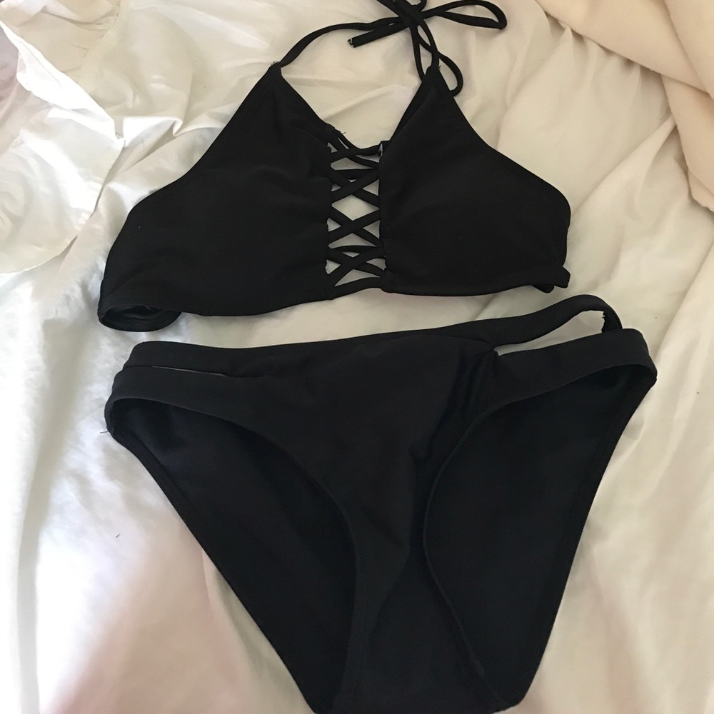 high neck caged black bikini