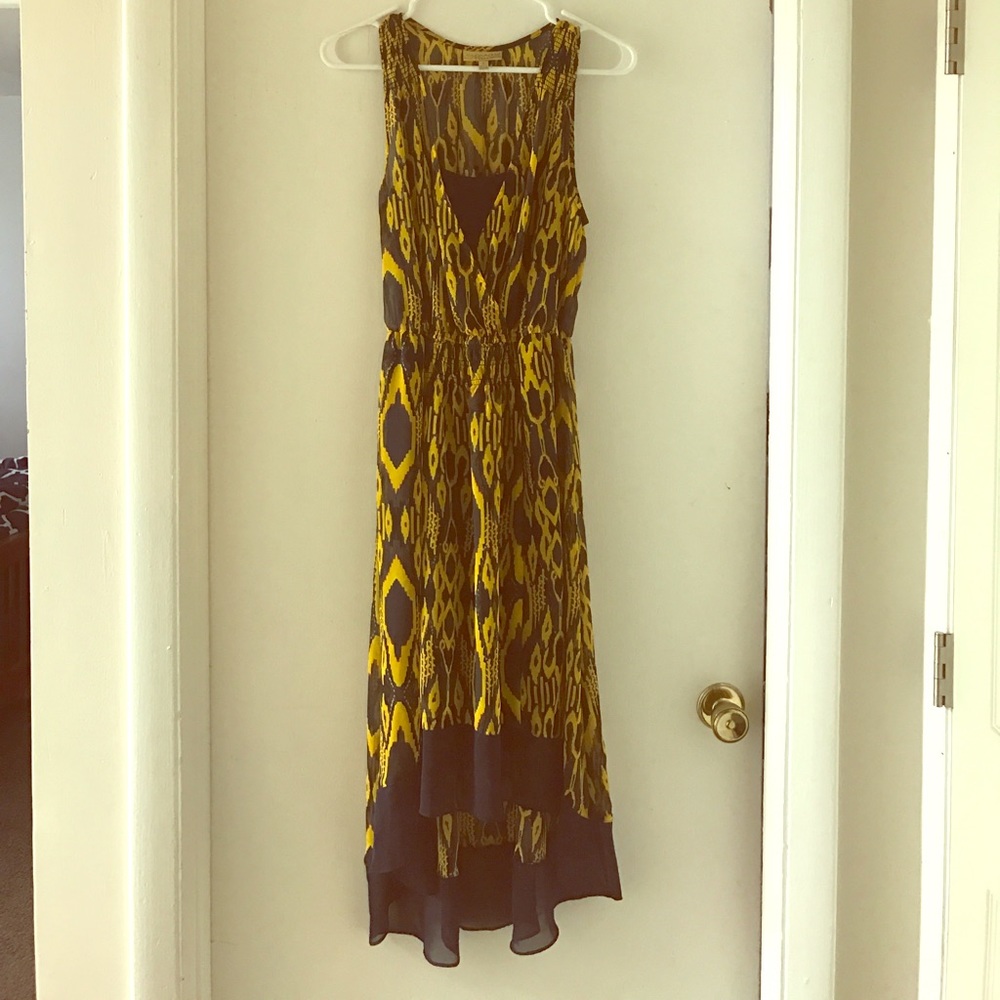 Navy and mustard tribal pattern high-low dress