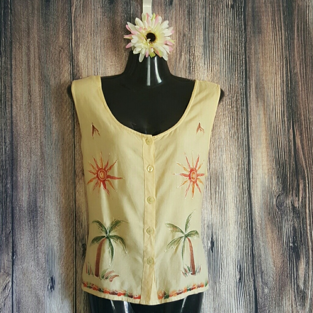 Designer pale yellow sun palmtree tie back blouse