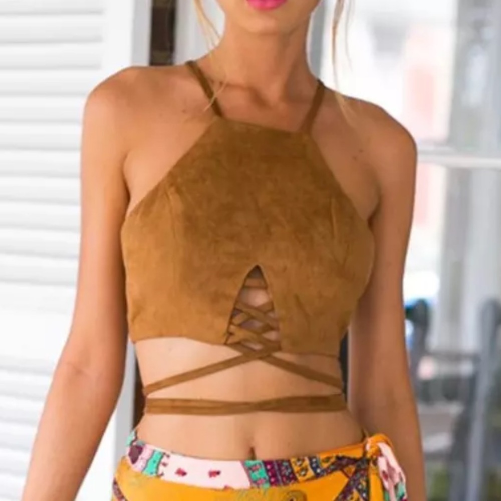 LAST ONE ☄️Sz XL Tie Up Suede Like Halter Crop Top - Picture 3 of 7