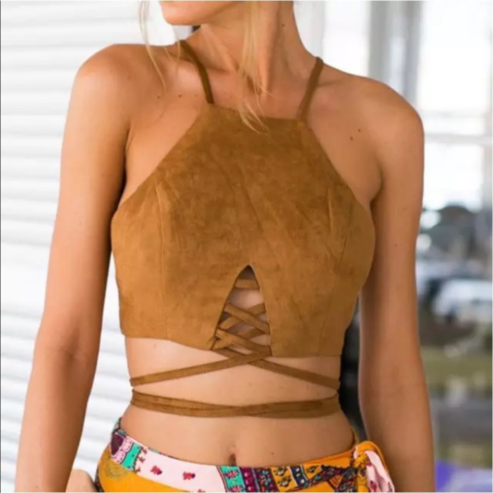 LAST ONE ☄️Sz XL Tie Up Suede Like Halter Crop Top - Picture 6 of 7