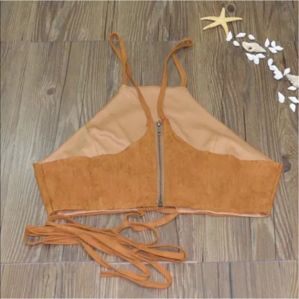 LAST ONE ☄️Sz XL Tie Up Suede Like Halter Crop Top - Picture 2 of 7
