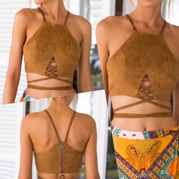 Tops - LAST ONE ☄️Sz XL Tie Up Suede Like Halter Crop Top