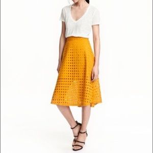 H&M mustard yellow eyelet midi flare skirt