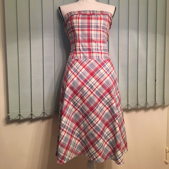 DUCK HEAD MADRAS LINED STRAPLESS FIT & FLARE DRESS - Picture 1 of 6