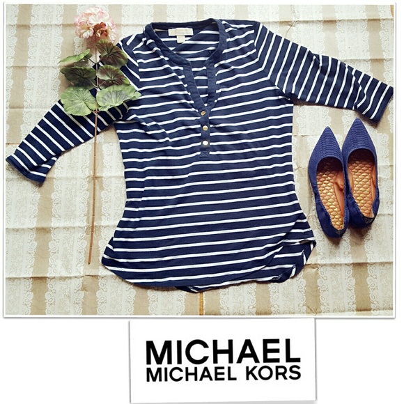 MICHAEL Michael Kors Tops - Michael Kors Cotton 3/4 Sleeve Navy Striped Shirt