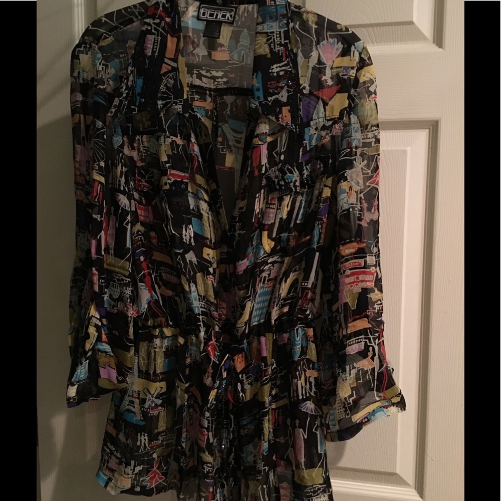Sheer black silk multi print with bling trim