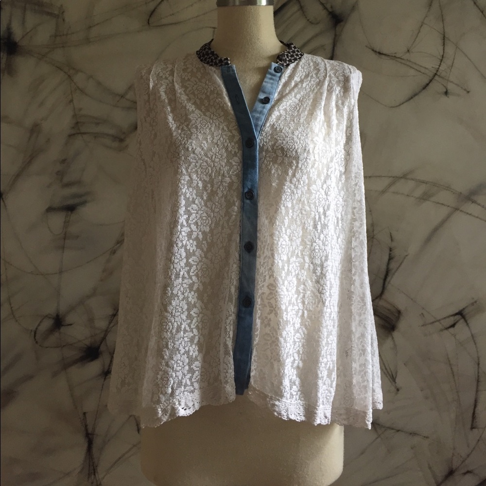 FP White Lace Sheer Swing Top with Chambray Detail