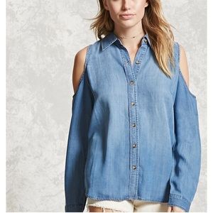 New Forever 21 Denim Button Down With Shoulder L