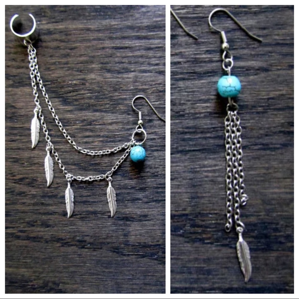 Turquoise & Feathers Silver Ear Cuff & Earring Set