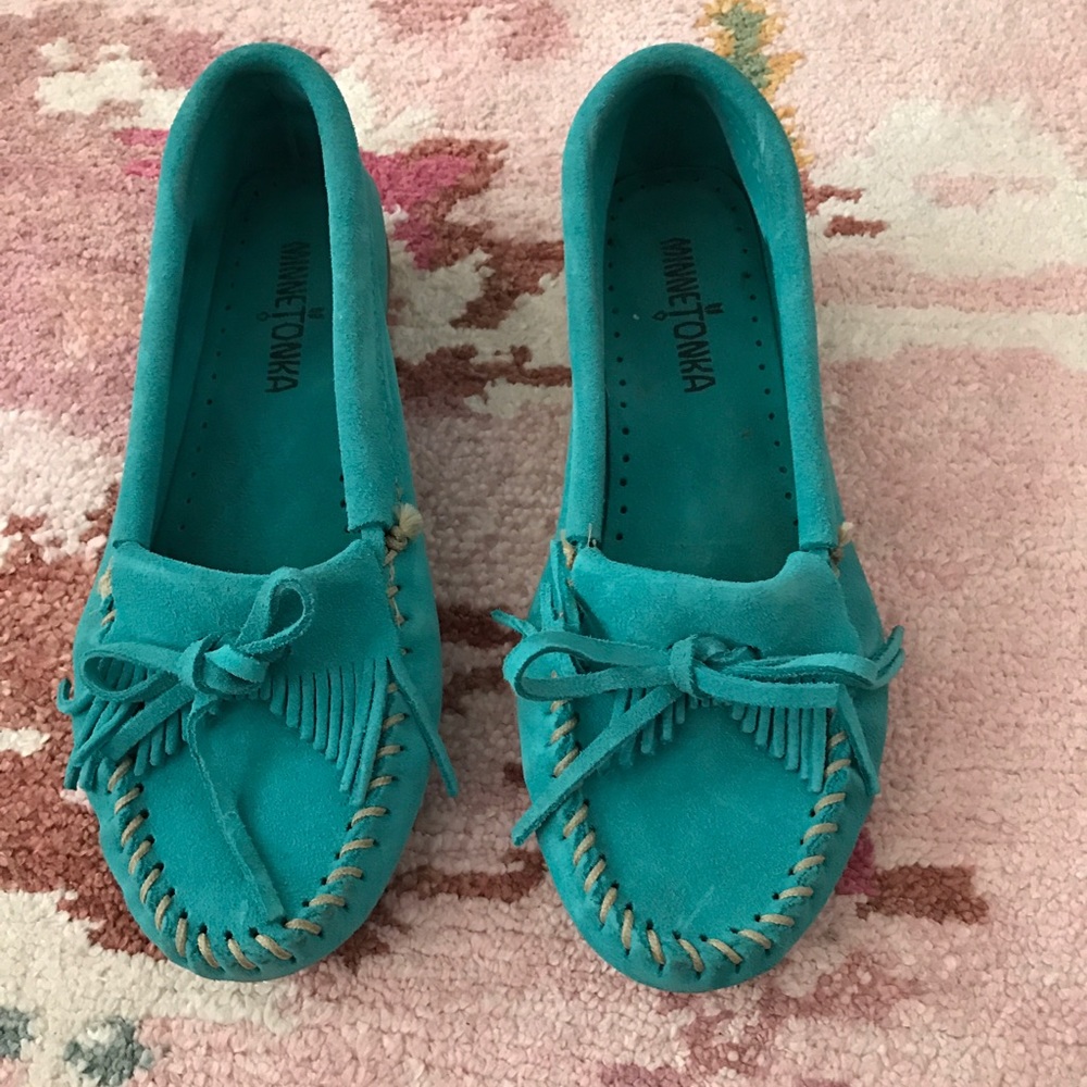 Turquoise Minnetonka Kilty Suede Moccasin