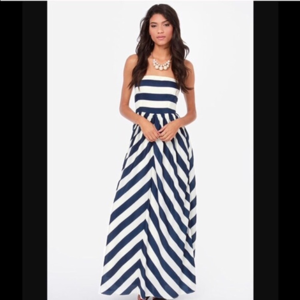 Lulu's Maxi "Dreamboat" White Blue Stripe Dress