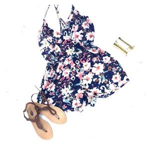 Floral romper, brown sandals and gold bangel