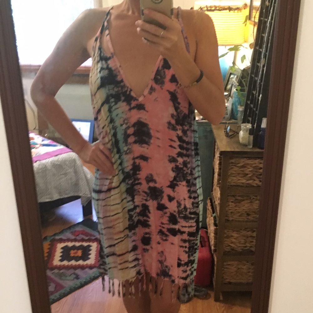 INDAH tie dye fringe beach cover up