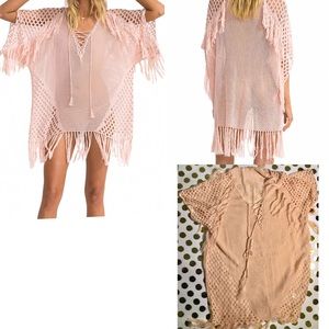 Blush V Neck Lace up Fishnet Fringe Beach cover up