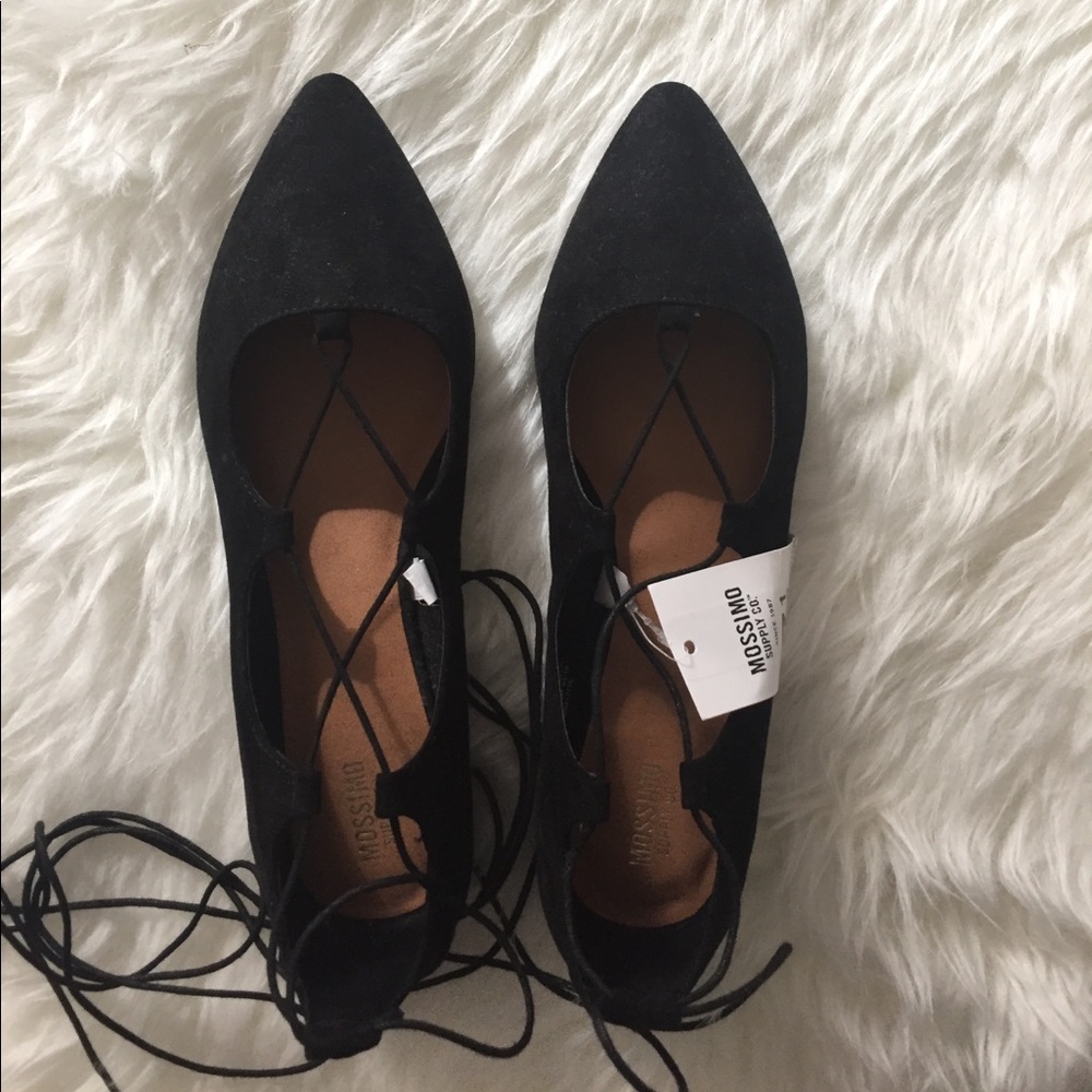 Black pointed toe lace up ballet flats