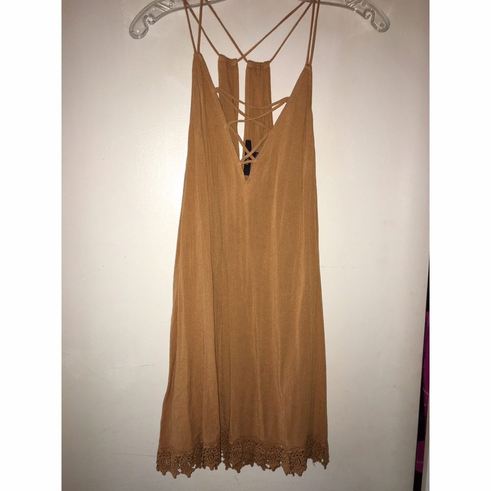 Tan/Brown Dress with Embroidered Bottom.