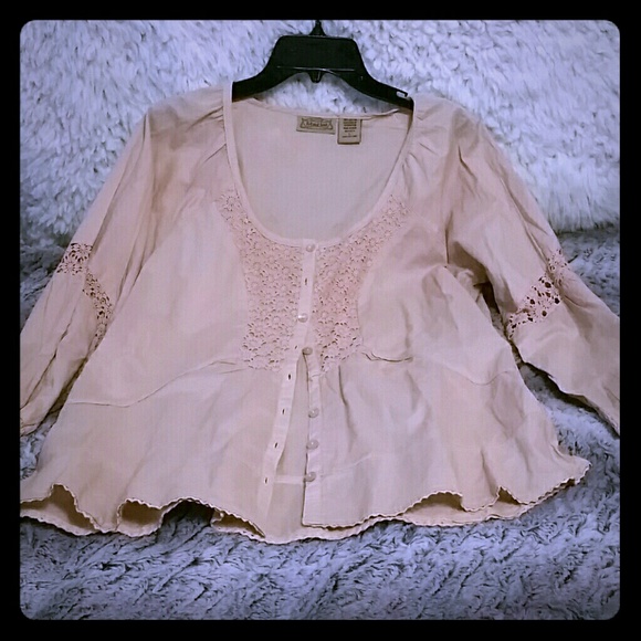 Art and Soul Tops - Tan boho button-down blouse with crochet details