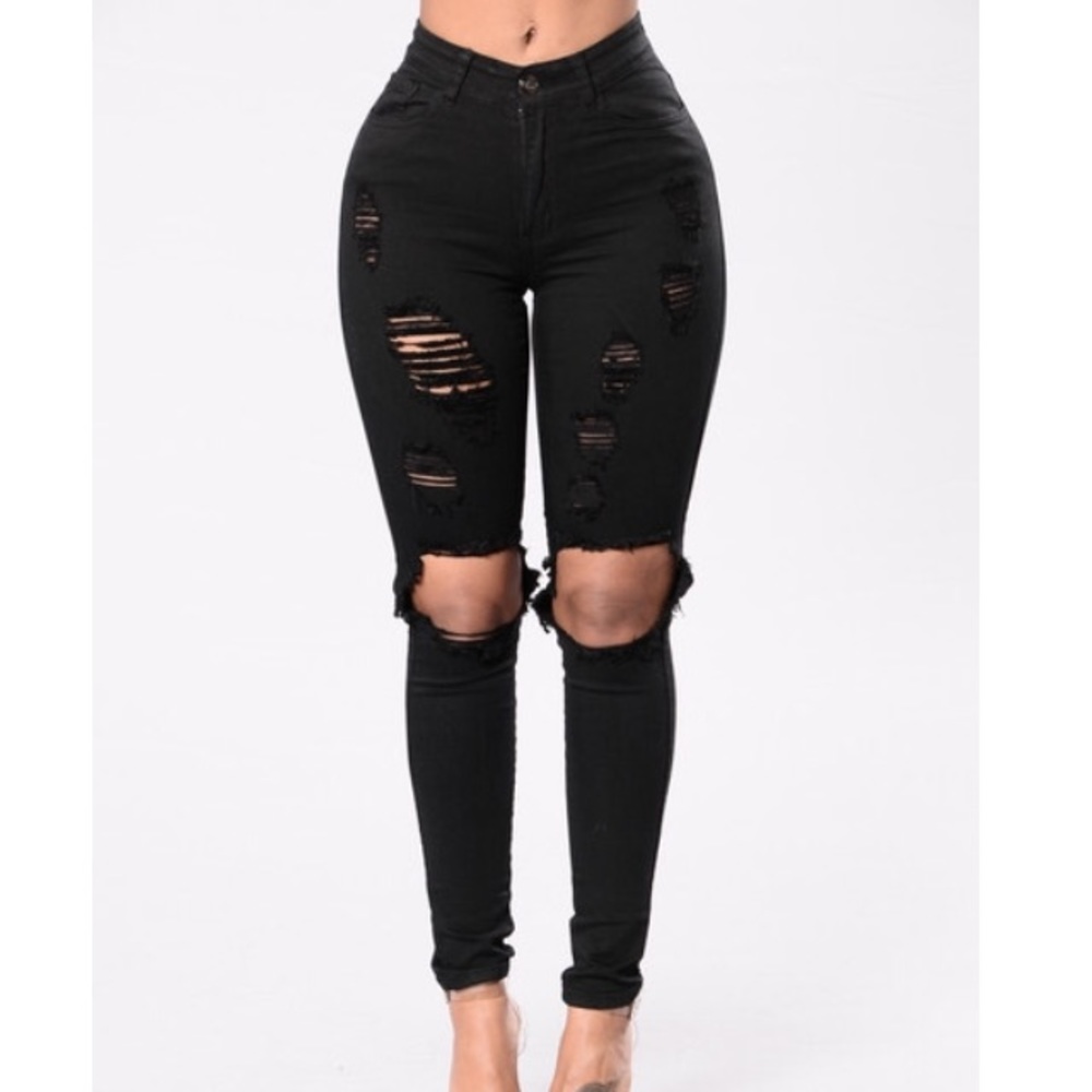 Black destroyed mid waist jeans