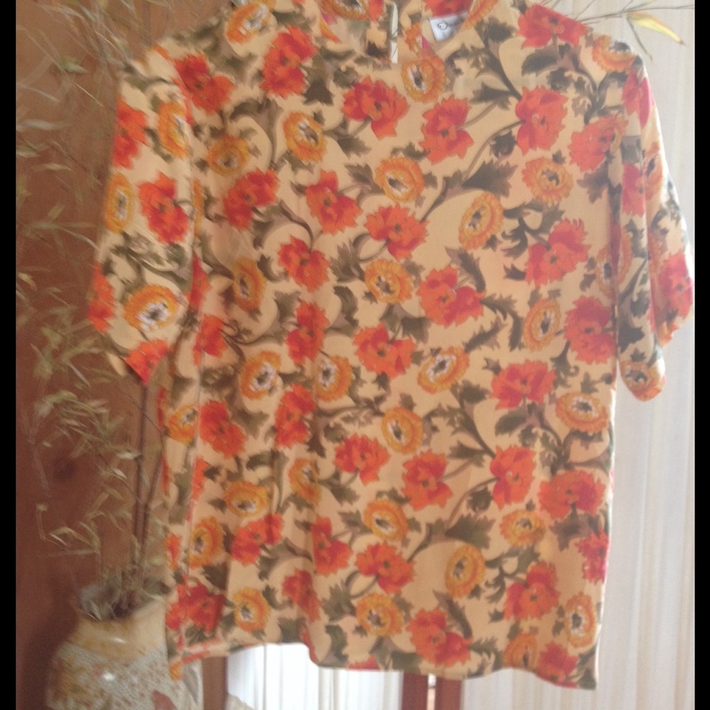 Oscar de la Renta sz M Silk Blouse Floral Orange
