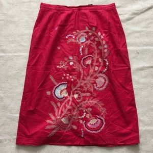 14W Embellished w/beads 32in Red linen blend skirt