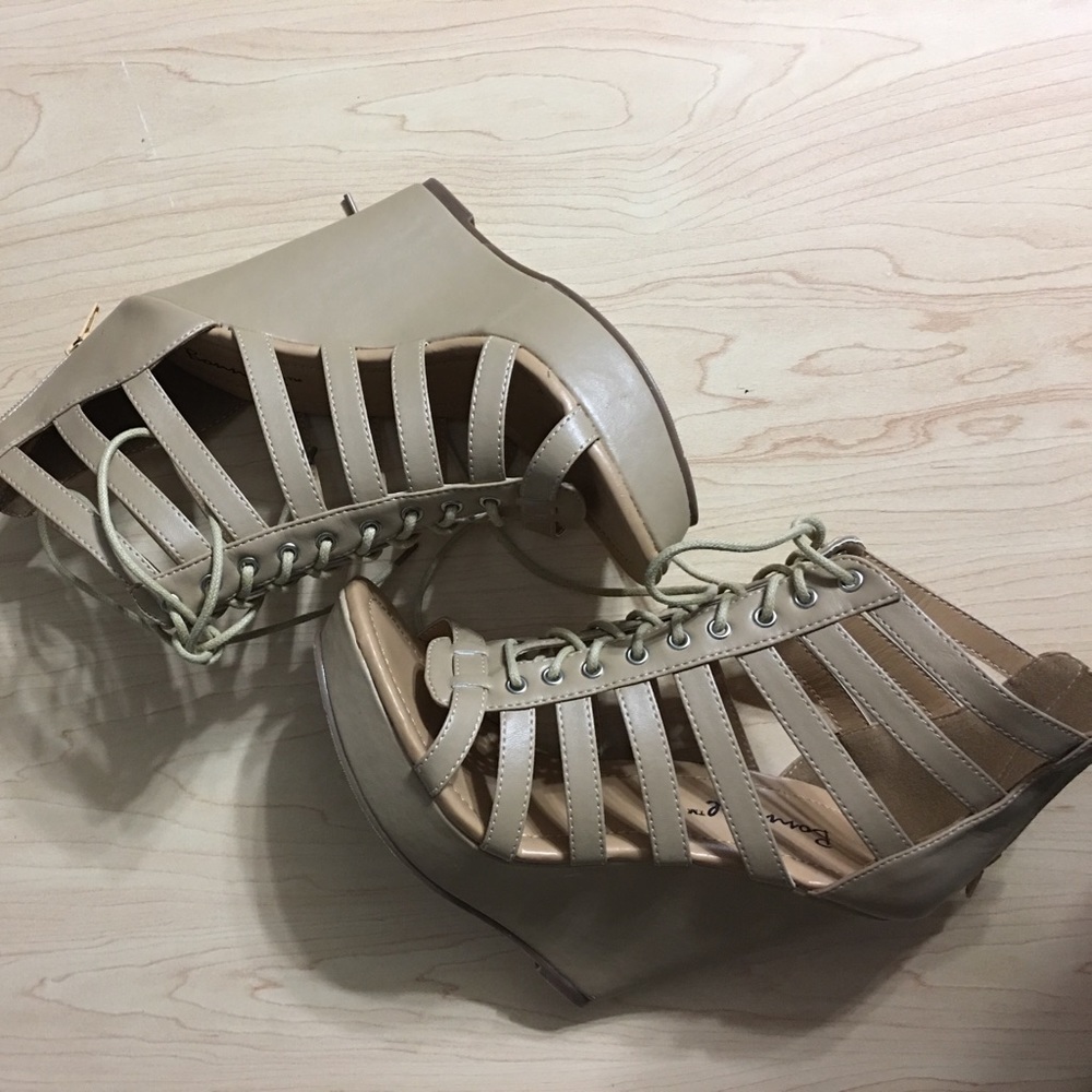 Nude lace up wedges