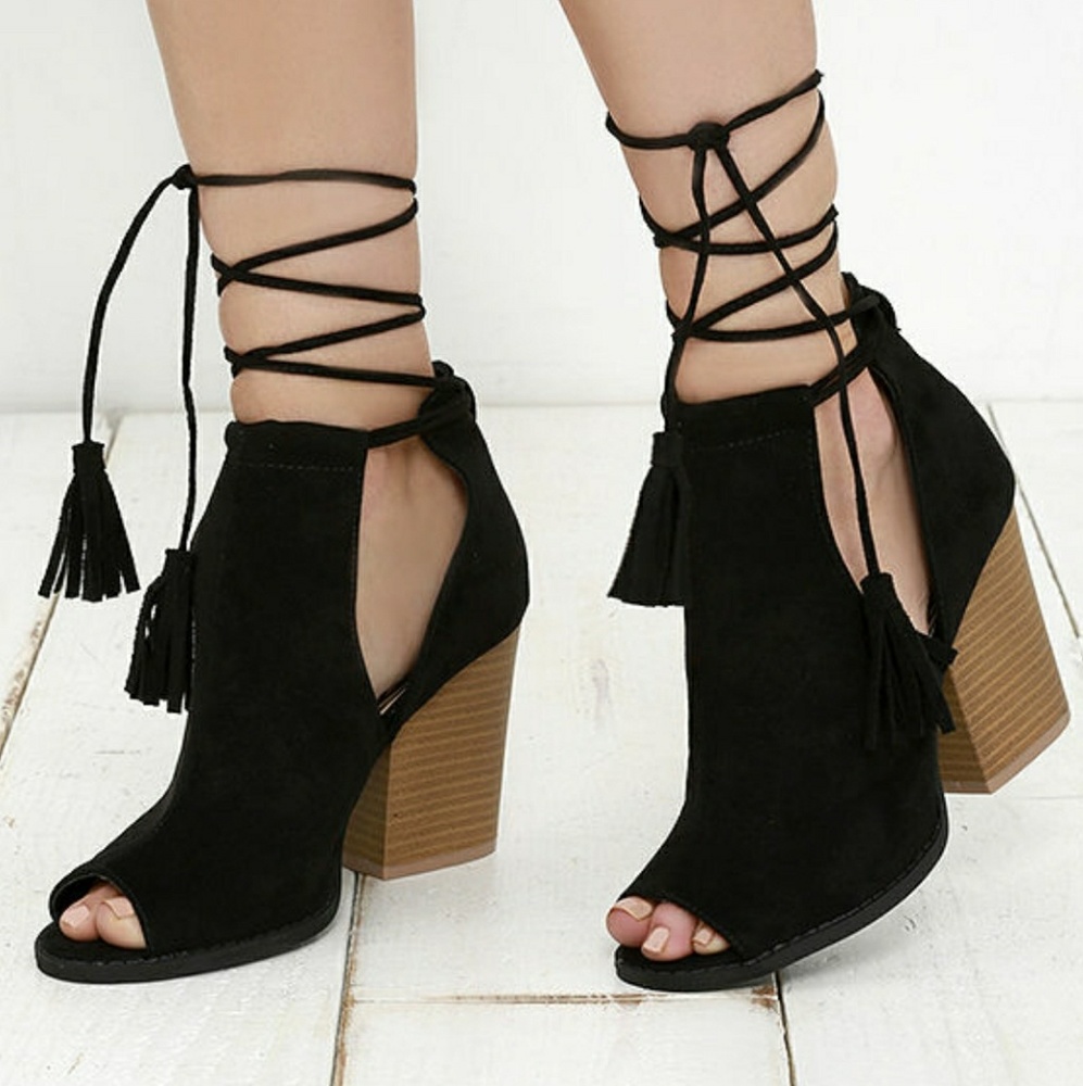 NIB Black open toe Lace up booties
