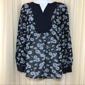 Navy Blue Floral Blouse sheer Top