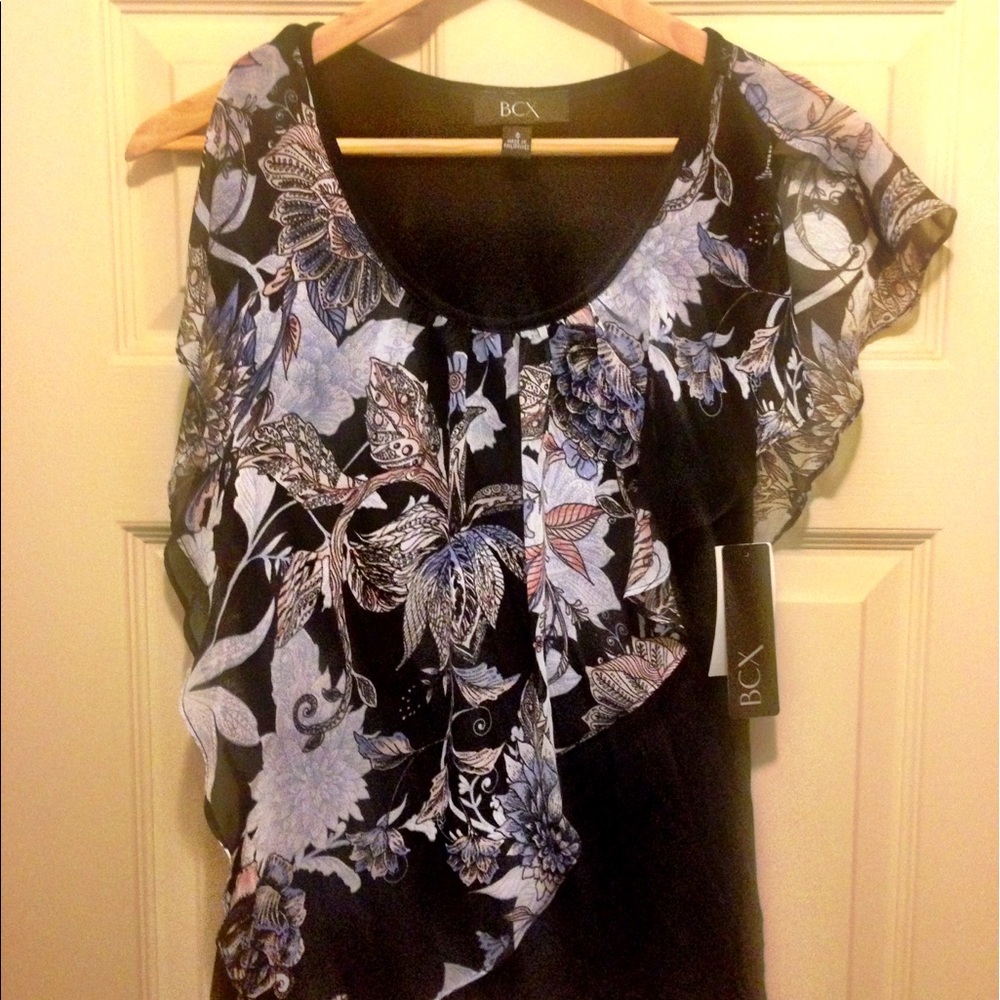 BCX Black Sleeveless Shirt with Floral Ruffle