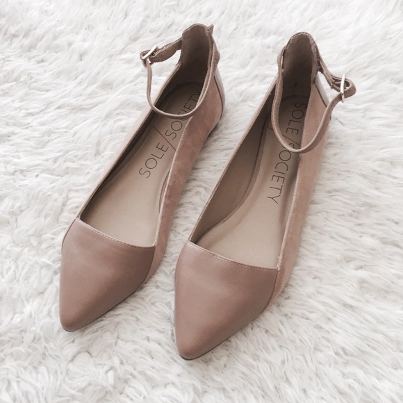 Sole Society Shoes - Sole Society Taupe Leather Cap Toe Pointed Flats