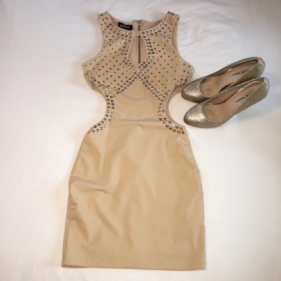 NWOT Bebe - Nude Studded Cut-Out Mini Dress - Picture 2 of 7