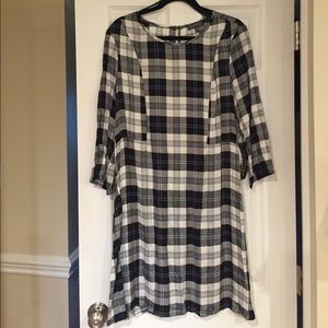 Black, ivory, and light blue plaid dress.