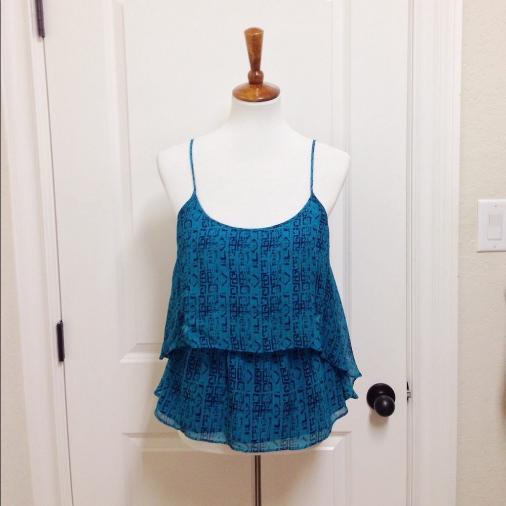 Flowy layered aqua with blue print top size M