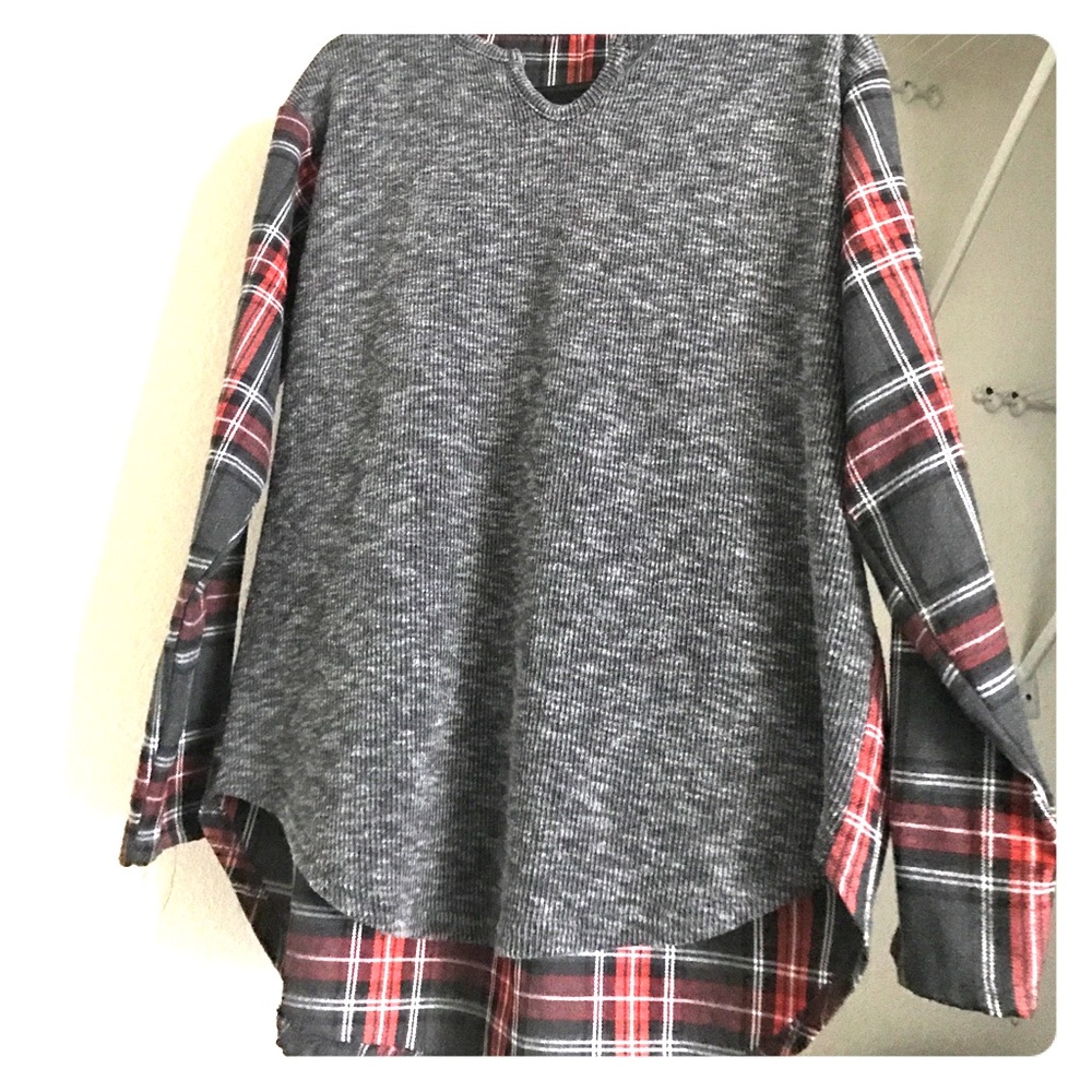 Red and Gray Plaid Oversized Long Sleeve Shirt