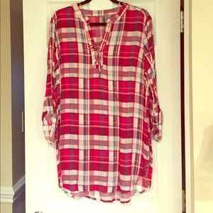 Red, ivory, and green plaid tunic.