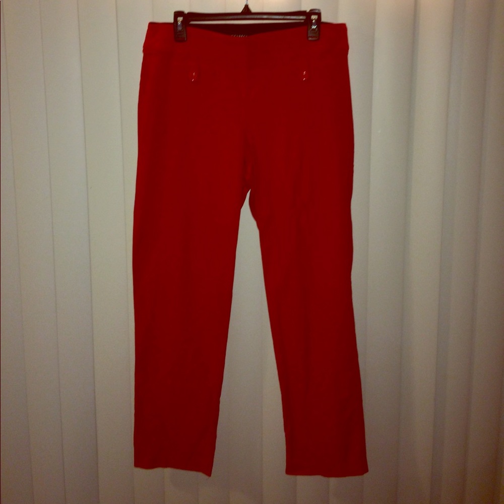 Bright red slacks with a comfort fit elastic waist