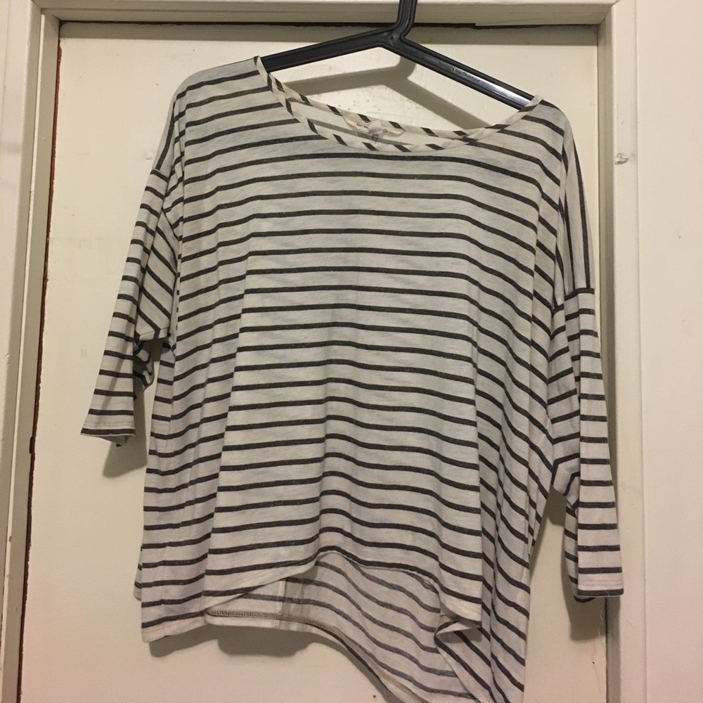 3/4 sleeve shirt. White with dark grey stripes.