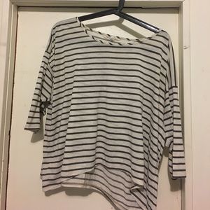 3/4 sleeve shirt. White with dark grey stripes.